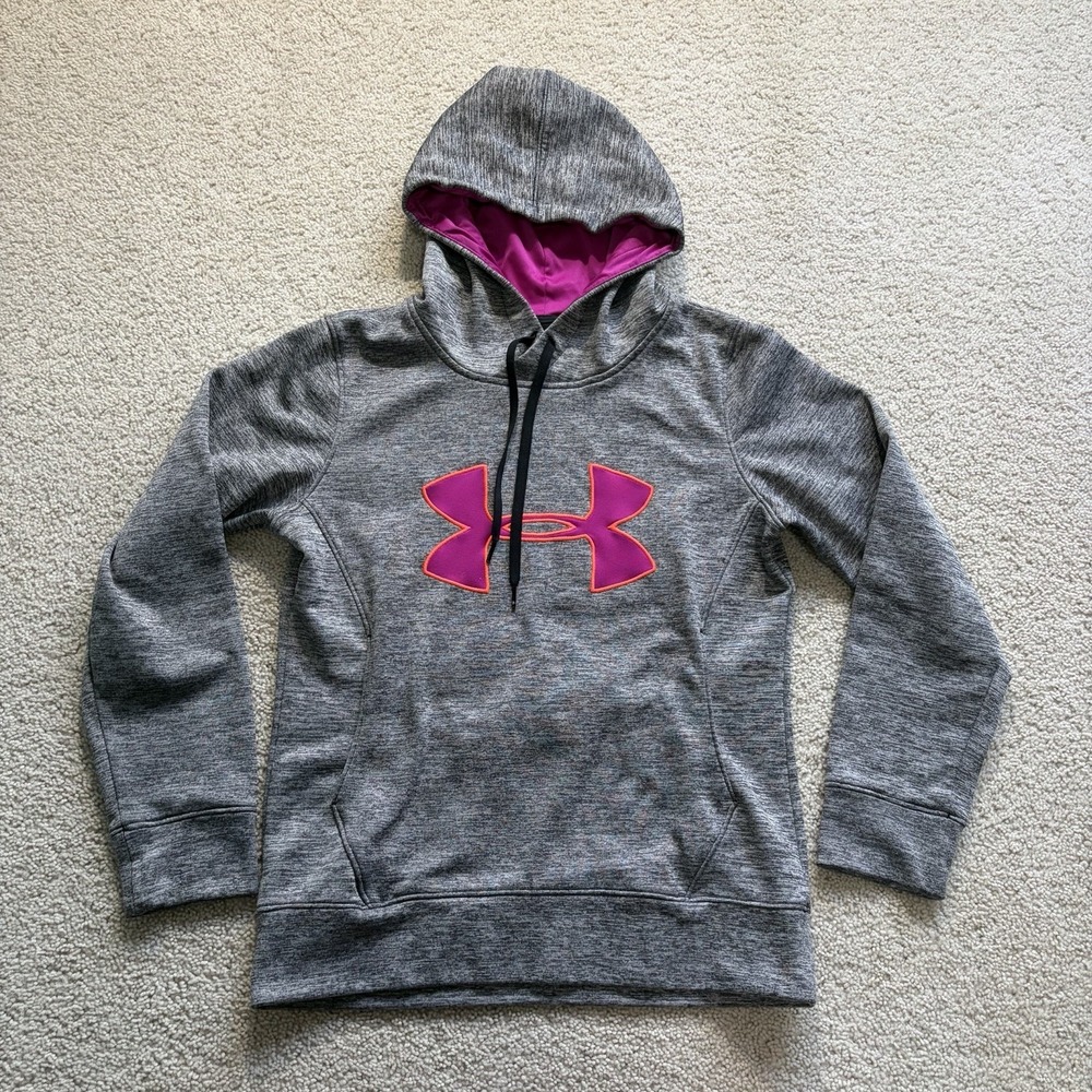 Under Armour Cold Gear Loose Big Logo Pullover Hoodie Women's XS Gray Pink